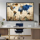 World Map Canvas Print – Vintage Blue and Gold World Map