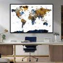 Modern Abstract World Map Canvas Wall Art – Framed Blue and