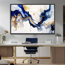Golden Cascades on Midnight Blue – Deep Blue Abstract Wall