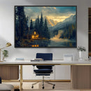 Mountain Cabin by the Lake at Sunset Wall Art - Serene