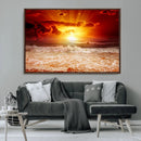 Red Sunset Ocean Beach Canvas Wall Art Beach Canvas, Coastal