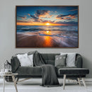 Sunset on the Ocean Beach with Waves, Reflections on Sand,