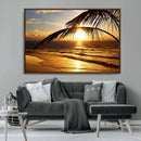 Golden Tropical Beach Sunset Canvas Triptych, Coastal Palm