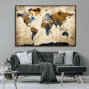 World Map Wall Art – Antique Style Blue and Brown Map Canvas