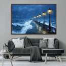 Stormy Ocean Pier Lights Canvas Wall Art Print - Large Moody
