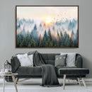 Misty Pine Forest Wall Art Canvas, Sunrise Over Foggy Trees