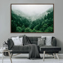 Misty Green Forest Canvas Print – Framed Serene Foggy Pine