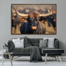 Majestic bull head close-up, long curved horns, detailed fur by MyGreatCanvas | Canvas Wall Art Prints | Photo Prints & Wall Decor