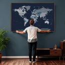 Blue Detailed World Map Wall Art Canvas Print, Modern Framed