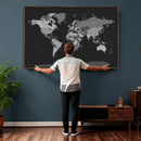 Black World Map Wall Art Canvas Print – Detailed Map of the