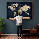 Minimalist World Map Canvas Wall Art - Watercolor Blue and
