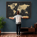 Vintage Blue and Brown World Map Canvas Wall Art – Framed