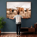Texas Longhorn Cattle Wall Art Canvas Print, Sepia Western