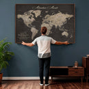 Custom World Map with Pins Canvas Wall Art Dark Charcoal