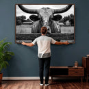 Black White Texas Longhorn Bull Canvas Wall Art, Western Ranch Cattle Photography Print, Rustic Farmhouse Cowboy Decor Artwork