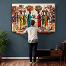 African Folk Art Canvas Wall Art, Colorful African Women Village Painting Print, Tribal Ethnic Home Decor, Vibrant African Art, Living Room