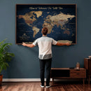 Framed Custom World Map Canvas Print - Deep Blue World Map