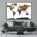 Modern Abstract World Map Canvas Wall Art – Framed Blue and