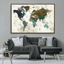 Vintage World Map Wall Art Canvas Print, Framed Rustic Earth