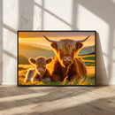 Scottish Cow and Baby Cow Canvas Wall Art Animal Print