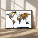 Modern Abstract World Map Canvas Wall Art – Framed Blue and