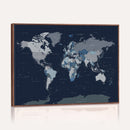Blue Detailed World Map Wall Art Canvas Print, Modern Framed