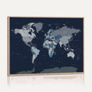 Blue Detailed World Map Wall Art Canvas Print, Modern Framed