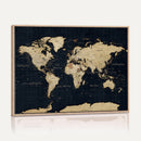 Dark World Map Canvas Wall Art Print, Minimal Black and Gold