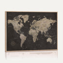 World Map Canvas Wall Art Dark Charcoal Antique Tan Detailed