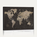 World Map Canvas Wall Art Dark Charcoal Antique Tan Detailed