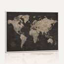 World Map Canvas Wall Art Dark Charcoal Antique Tan Detailed