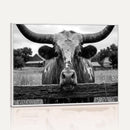 Black White Texas Longhorn Bull Canvas Wall Art, Western Ranch Cattle Photography Print, Rustic Farmhouse Cowboy Decor Artwork