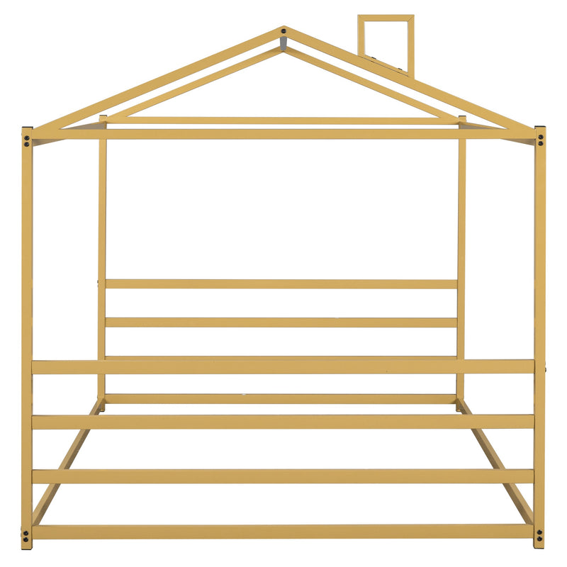 Metal House Shape Platform Bed, Gold, Queen