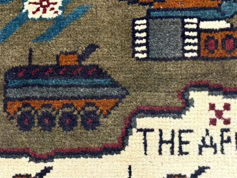 Afghan War Rug, Helicopters Tanks Guns, Handmade, Wool, 2x3
