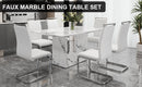 A simple dining table. A dining table with a white marble pattern. 4 PU synthetic leather high backrest cushioned side chairs with C-shaped silver metal legs. DT-SQ-16090-wh