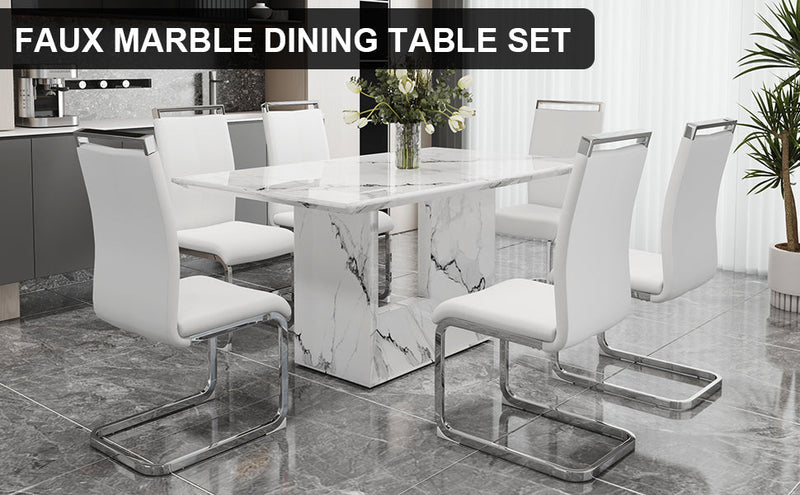 A simple dining table. A dining table with a white marble pattern. 4 PU synthetic leather high backrest cushioned side chairs with C-shaped silver metal legs. DT-SQ-16090-wh