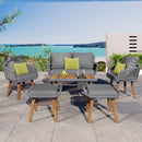 6-Piece Rope Patio Furniture Set, Outdoor Furniture with Acacia Wood Cool Bar Table with Ice Bucket, Deep Seat Patio Conversation Set with Two Stools for Backyard Porch Balcony (Grey)
