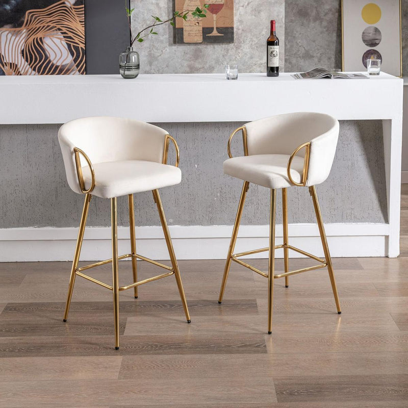 26 Inch Set of 2 Bar Stools,with Chrome Footrest and Base Velvet + Golden Leg Simple Bar Stoo,CREAM