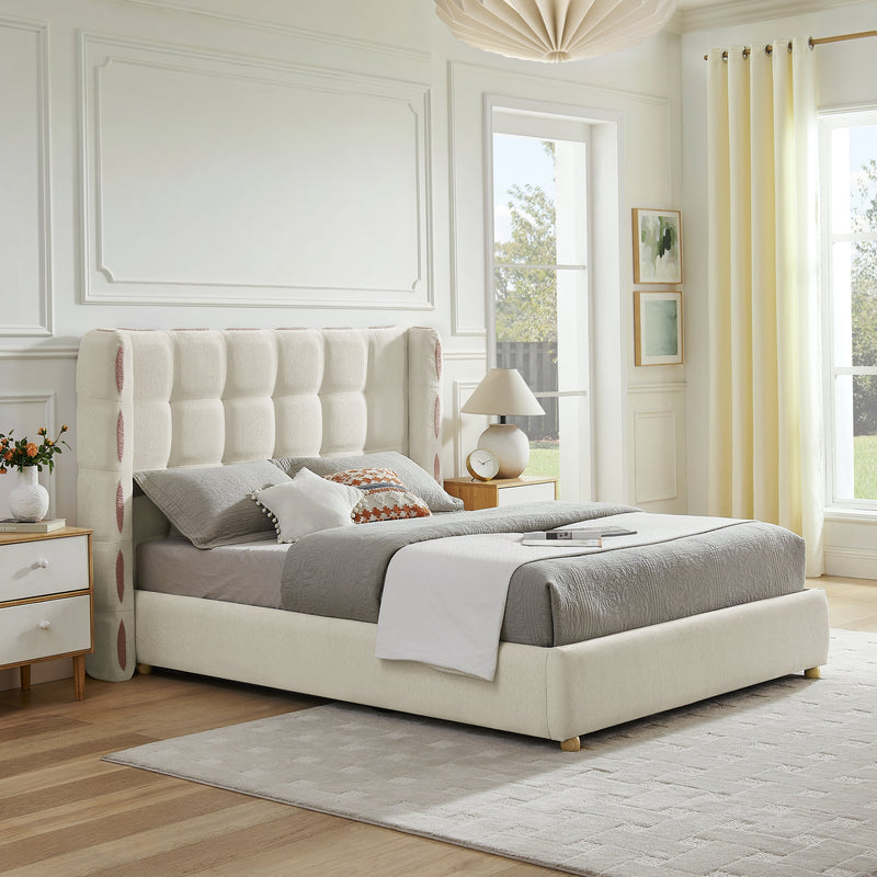 Queen Size Removable Chenille Wingback Upholstered Waffle Bed, photo 2 of 10