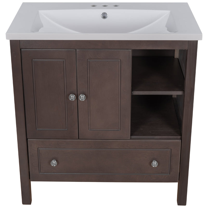 30" Bathroom Vanity with Sink, Bathroom Storage Cabinet with Doors and Drawers, Solid Wood Frame, Ceramic Sink, Brown