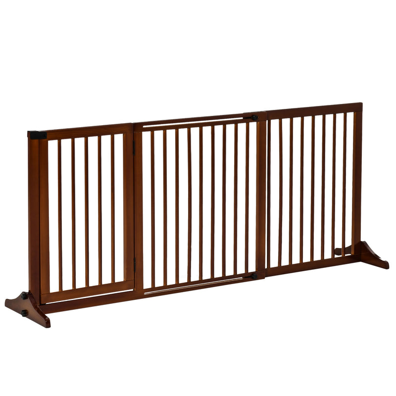 Adjustable Wooden Pet Gate, Freestanding Dog Fence for Doorway, Hall, 3 Panels w/ Safety Barrier, Lockable Door, Brown, 44.5"-65.25" L x 14.25" H