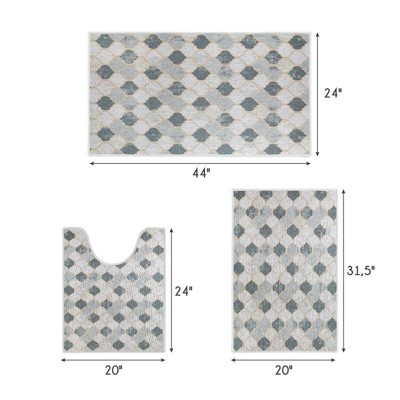 Moroccan Design 3 Piece Bathroom Rugs Set | Beige&Gray