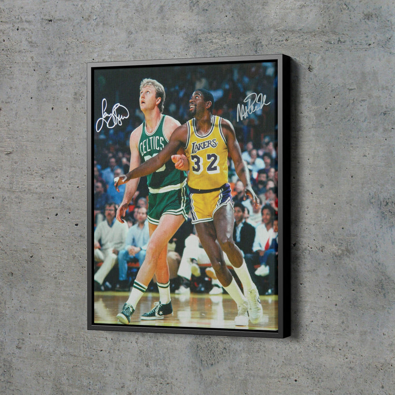 Larry Bird and Magic Johnson Autographed Poster Lakers vs Celtics Basketball Hand Made Posters Canvas Print Wall Art Home Decor