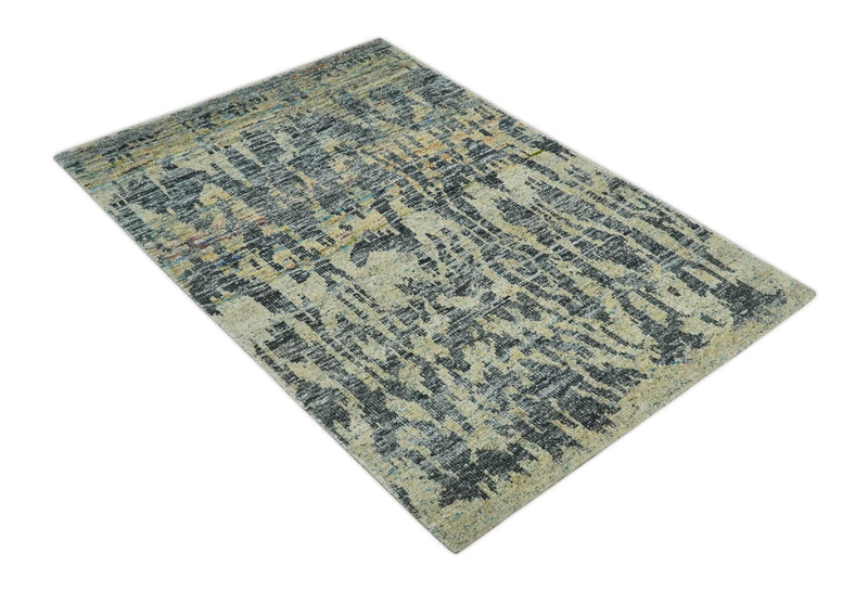 4.5x6.5 Hand Knotted Beige, Camel and Charcoal Modern Abstract Contemporary Recycled Silk Area Rug | OP127