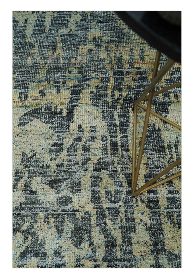 4.5x6.5 Hand Knotted Beige, Camel and Charcoal Modern Abstract Contemporary Recycled Silk Area Rug | OP127