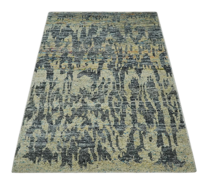 4.5x6.5 Hand Knotted Beige, Camel and Charcoal Modern Abstract Contemporary Recycled Silk Area Rug | OP127