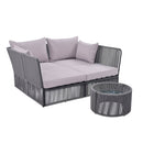 2-Piece Outdoor Sunbed and Coffee Table Set, Patio Double Chaise Lounger Loveseat Daybed with Clear Tempered Glass Table for the patio, poolside (Grey Cushion + Dark Grey Rope)
