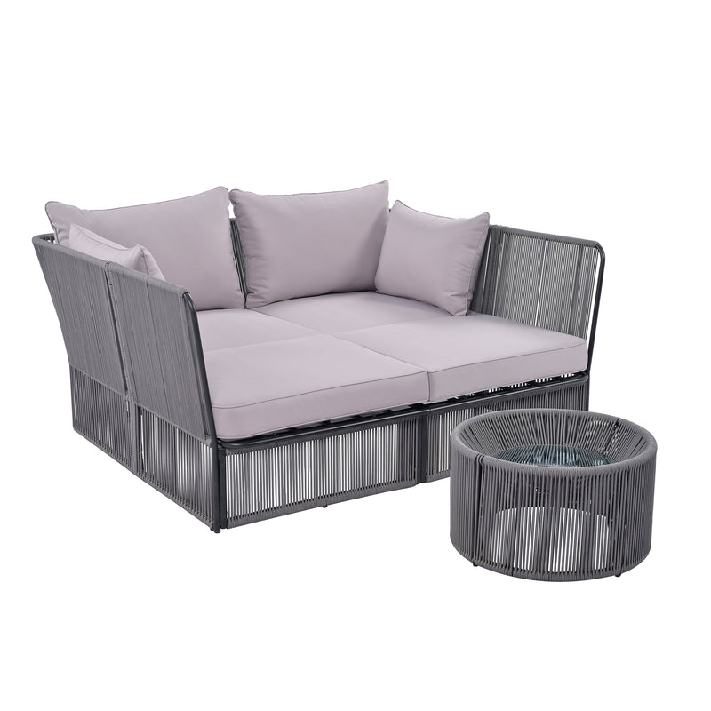 2-Piece Outdoor Sunbed and Coffee Table Set, Patio Double Chaise Lounger Loveseat Daybed with Clear Tempered Glass Table for the patio, poolside (Grey Cushion + Dark Grey Rope)