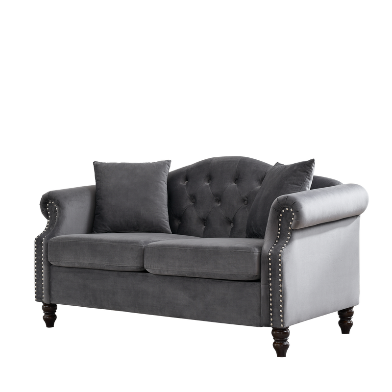57" Chesterfield Sofa Grey Velvet for Living Room, 2 Seater Sofa Tufted Couch with Rolled Arms and Nailhead for Living Room, Bedroom, Office, Apartment, two pillows
