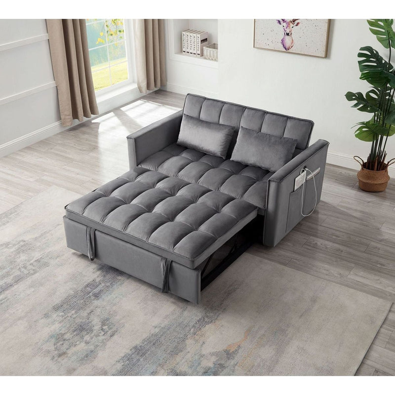 Sleeper Sofa Bed w/USB Port, 3-in-1 adjustable sleeper with pull-out bed, 2 lumbar pillows and side pocket, soft velvet convertible sleeper sofa bed, suitable for living room bedroom
